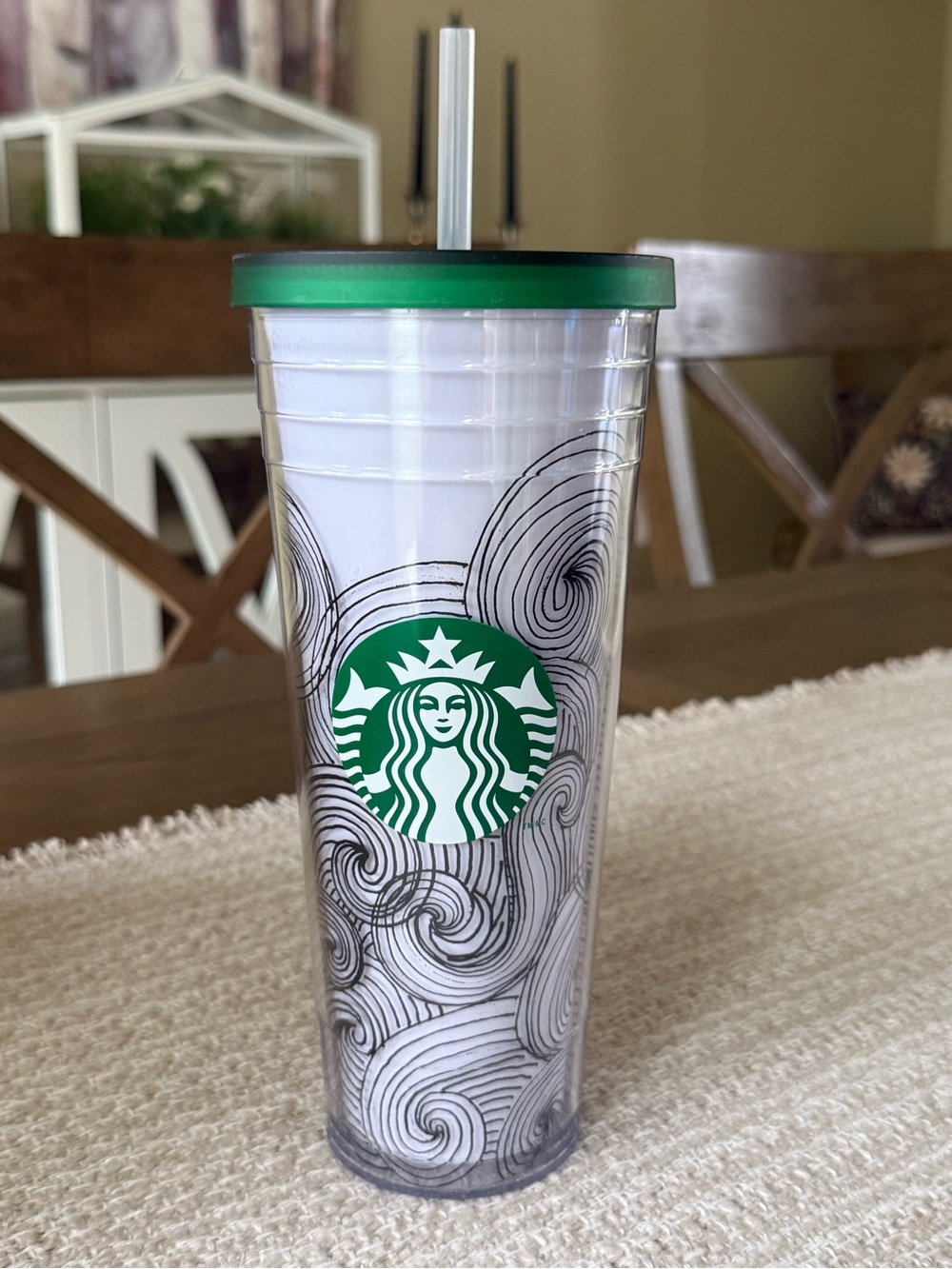 Starbucks Clear Tumbler with Green Logo and Black Swirl Design
